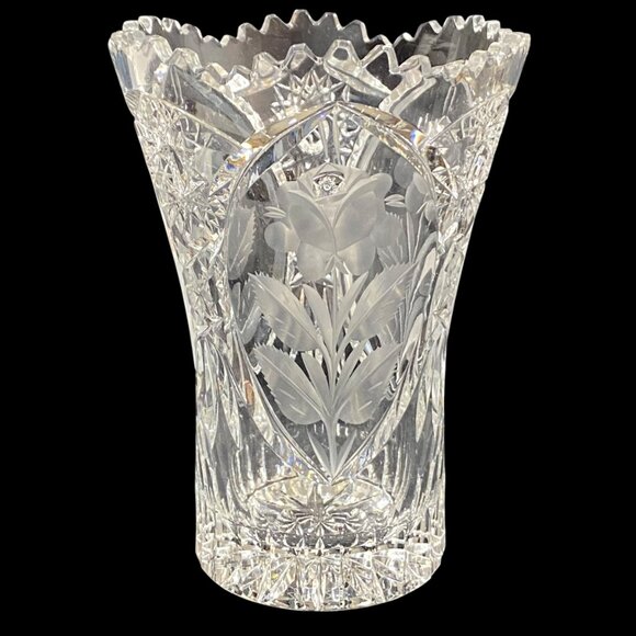 None Other - Antique American Brilliant Period Cut Glass Vase Etched Rose Stem ABS Small